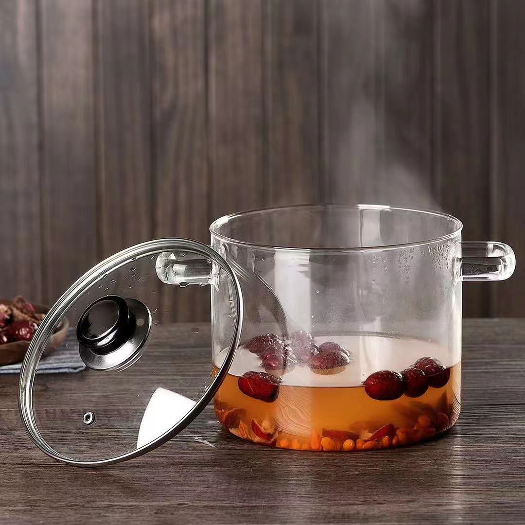 Olla de vidrio de doble oreja de gran capacidad con tapa al por mayor sopa de fideos instantáneos para el hogar olla de leche olla de cocina de vidrio de borosilicato