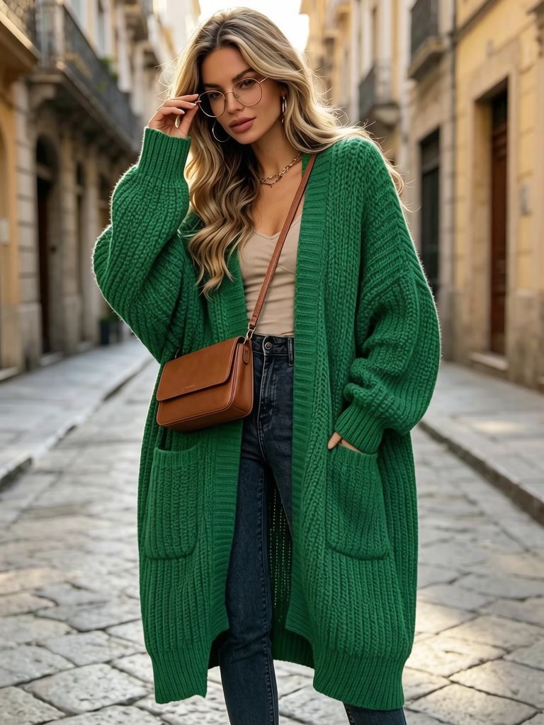 Suéter de rodilla grueso de otoño y invierno abrigo femenino suelto versátil fondo de manga larga jersey cardigan perezoso tendencia media y larga