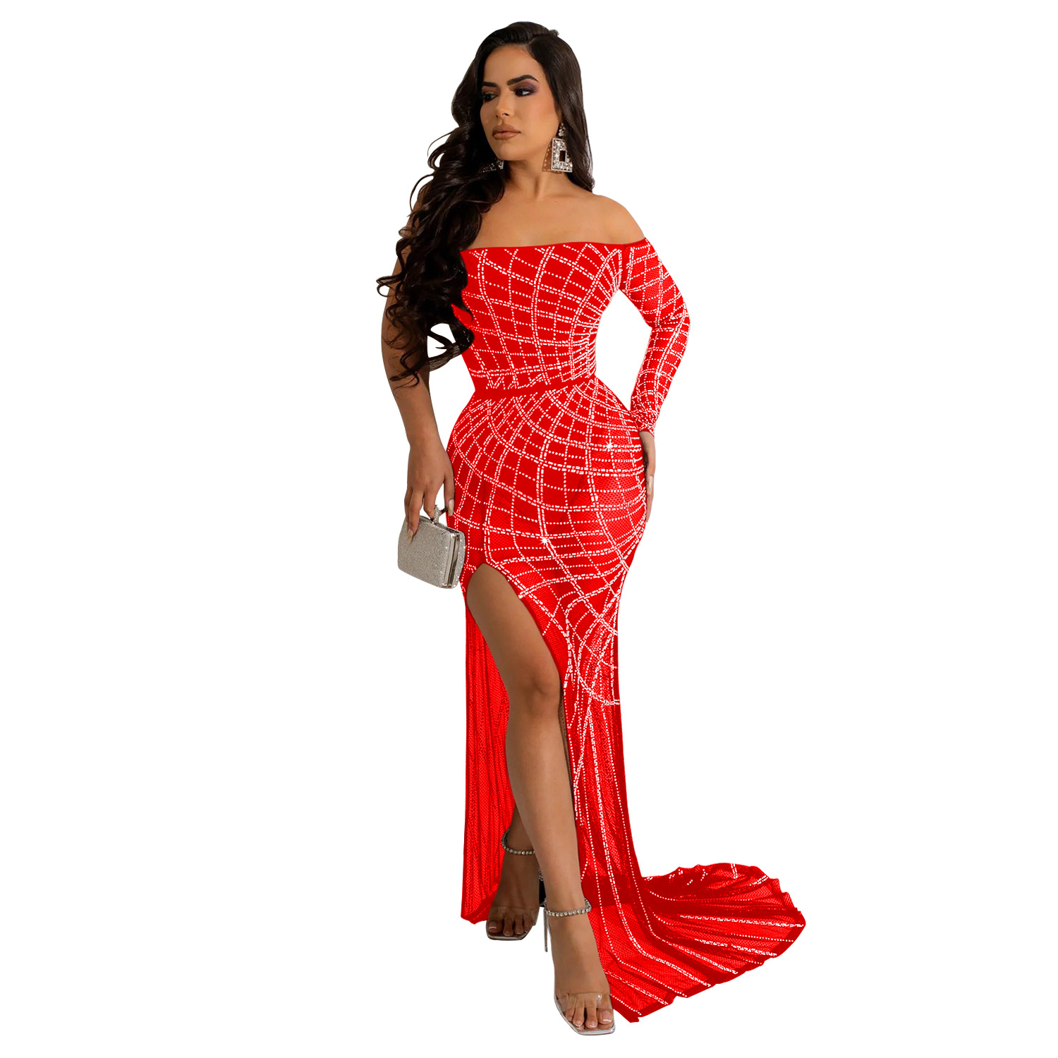 C6060 transfronteriza AliExpress Amazon moda europea y americana de las mujeres de color sólido único vestido de manga larga vestido de diamantes de imitación de las mujeres image 6