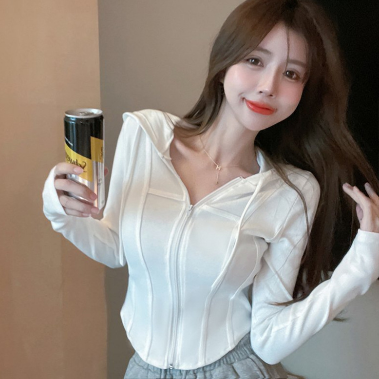 Pure Desire Hot Girl Zipper Hooded Tops Women's Spring and Autumn Sexy Slim Short Tops Women's Fishbone Pattern Short Top Women's Trendy