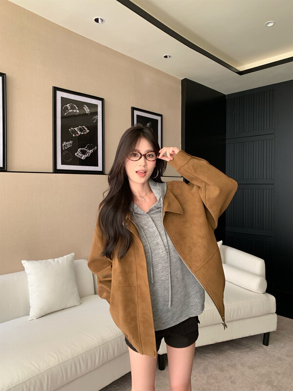 实拍 复古麂皮夹克女2025秋季美式宽松翻领休闲百搭显瘦外套上衣|undefined
