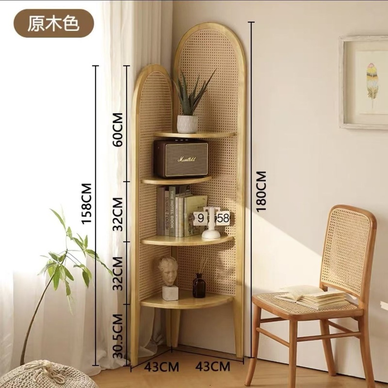 实木角柜客厅复古沙发墙边藤编置物架子中古卧室拐角三角柜收纳架|undefined