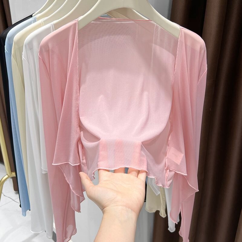 Ice Silk Mesh Sun Protection Short Cardigan for Women 2026 Summer Air Conditioning Cover-Up Elegant Thin Shawl Top Trendy