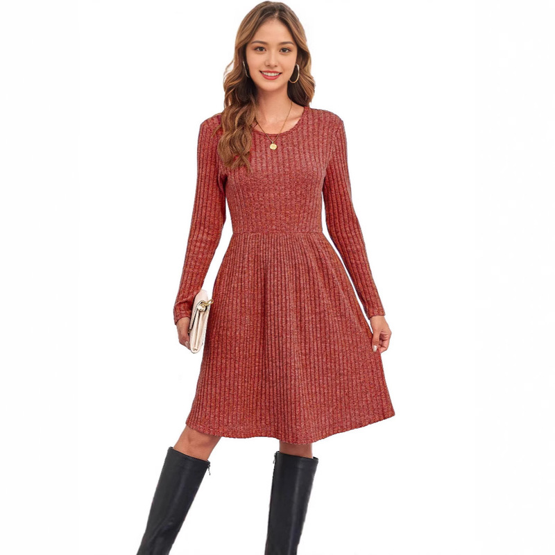 2025 Autumn and Winter Temu Amazon European and American Clothing Cross-Border New Striped Round Neck Knitted Sweater Dress for Women