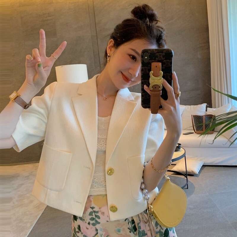 French Style Pink Short-Sleeved Suit for Women in Summer, High-End, Light and Mature Style Short Jacket, Thin Suit Top