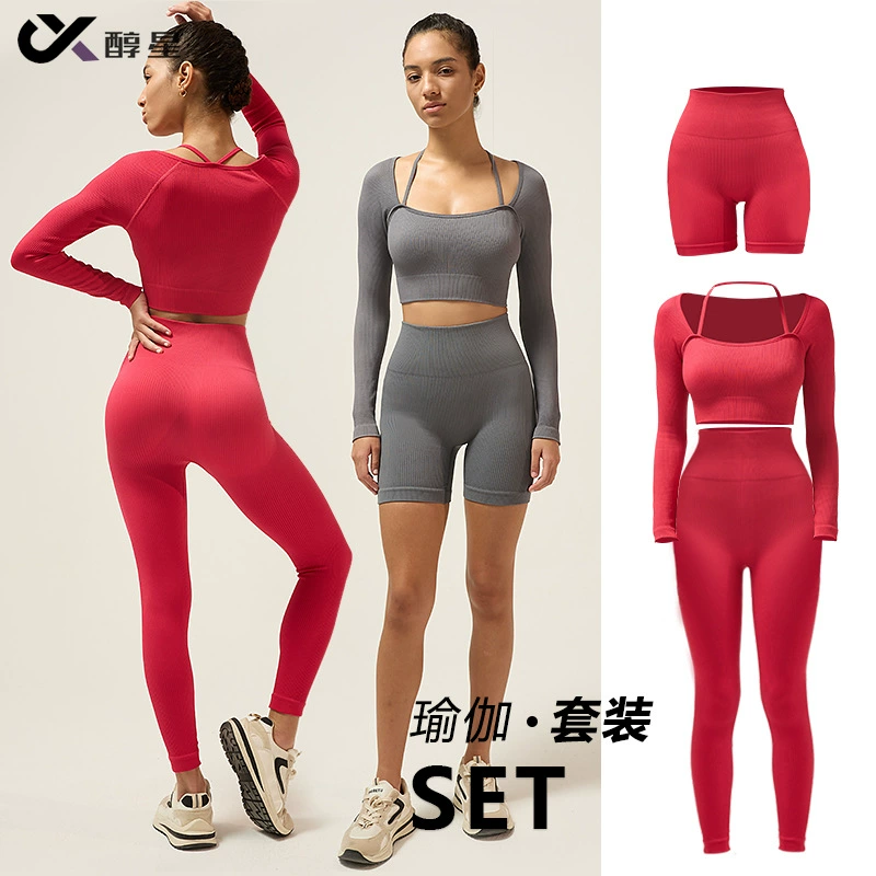 Осенние и зимние резьбовые сплошные спортивные топы женские быстрые сухие бедра шорты бесшовные спортивные костюмы для йоги набор из двух частей
