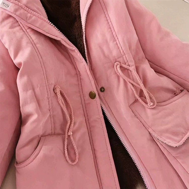 Women's Winter Trench Coat, Velvet Down Jacket, Hooded, Plus Size, Drawstring Waist