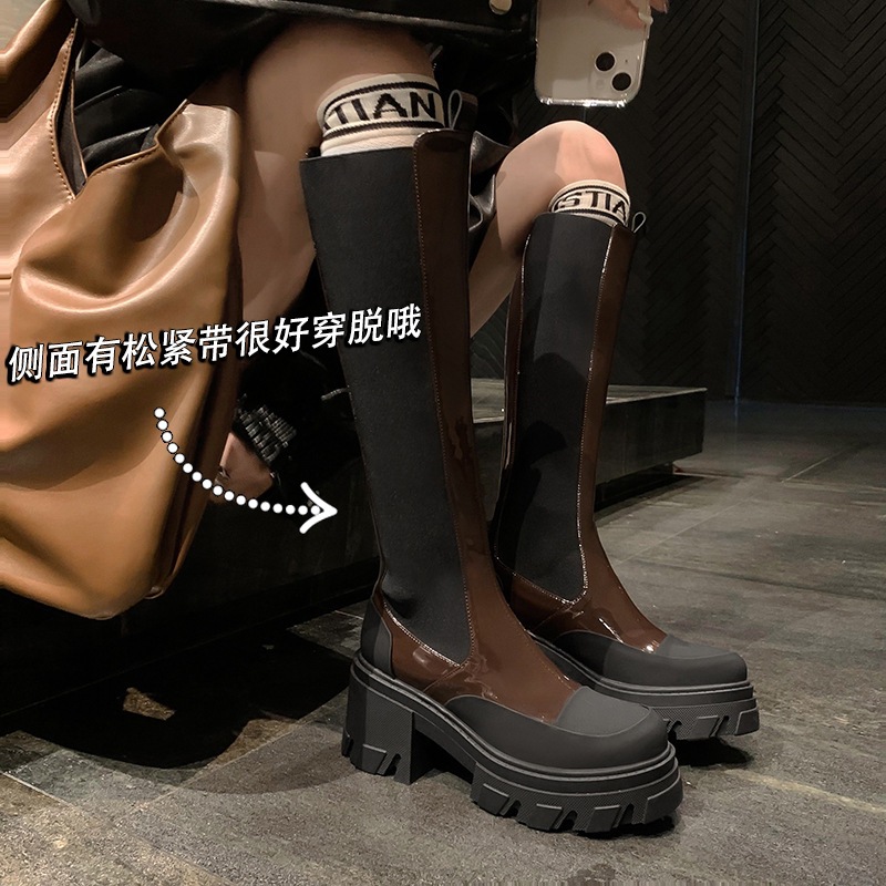 Winter two-tone high boots platform made of patent leather heels
