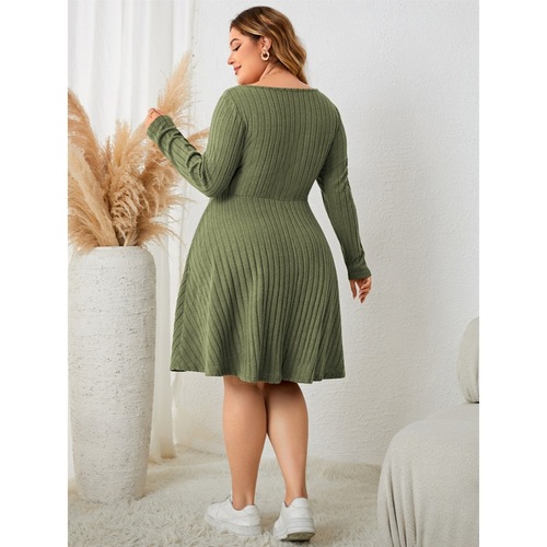 Women's Plus Size Skirt with Square Neck and Long Sleeve Short Dress (XL-4XL)