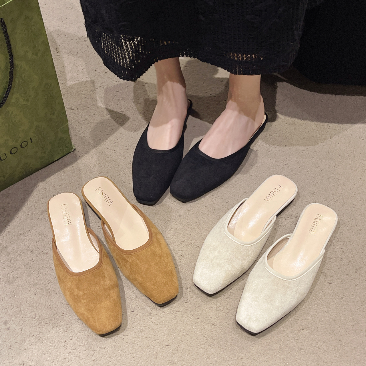 Retro low summer sandals square toe flat