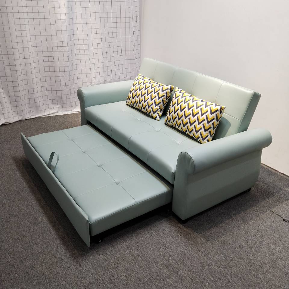 Sofá cama multifuncional verde claro pequeño tipo de casa de látex doble doble triple plegable sofá cama de cuero