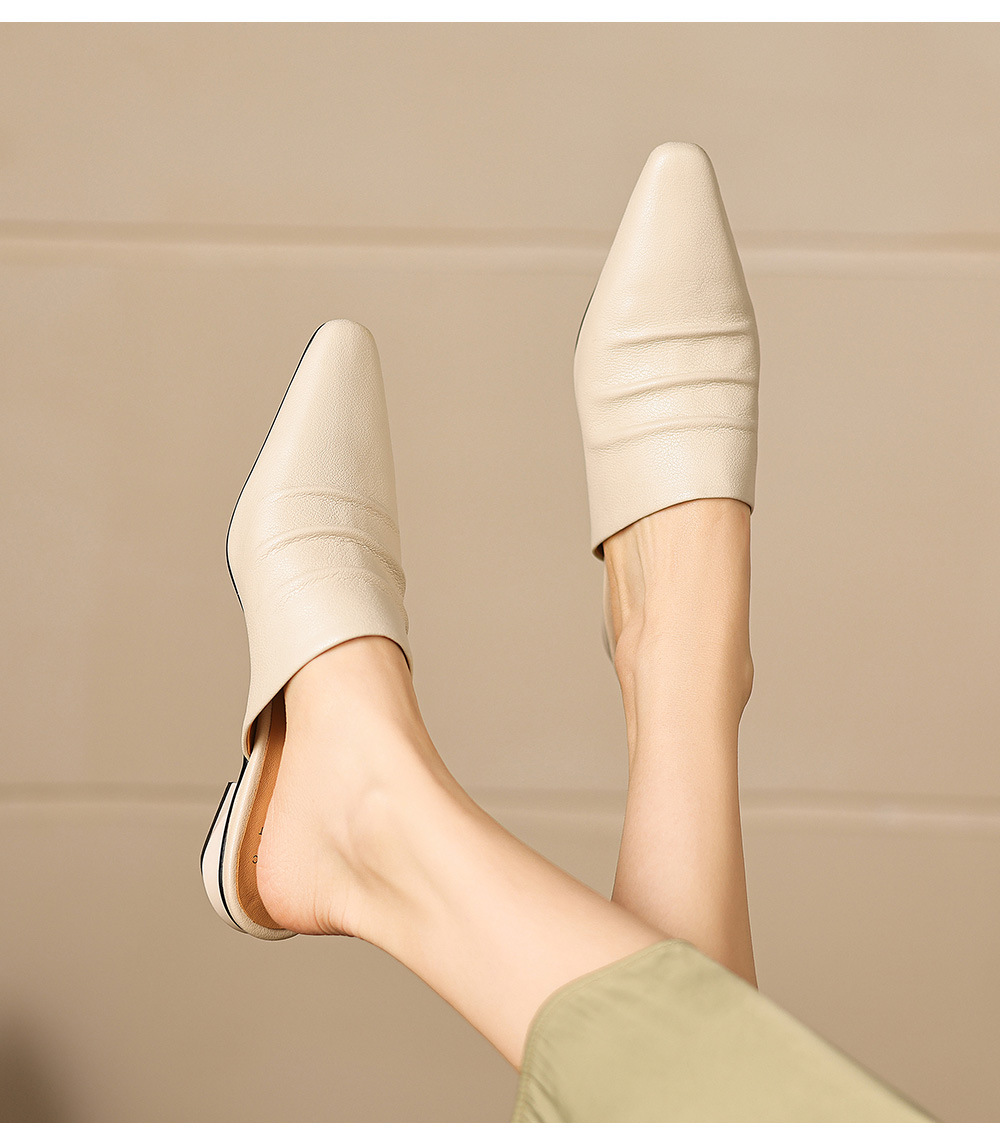 Dép sandal nữ bít mũi quai chữ V đế thấp da bò mùa xuân hè — đen chi tiết 8