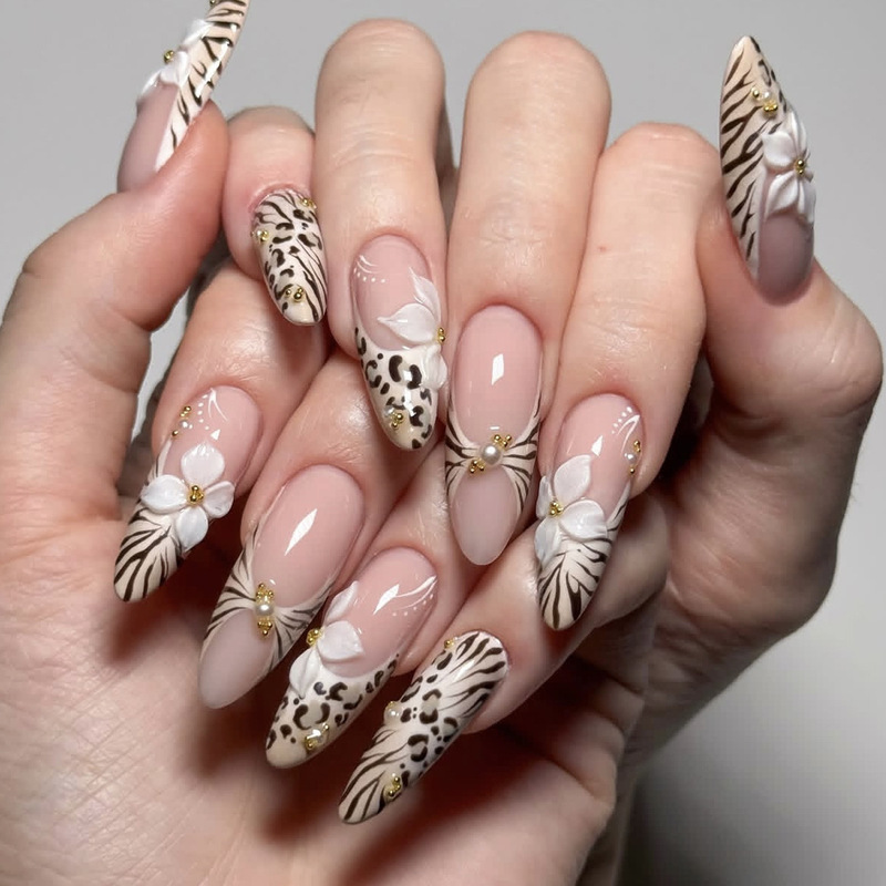 Wearable Long Nails with Water Drop Design, European and American Style Leopard Print, 3D Embossed Flowers, Pearl Steel Beads, Decorative Fake Nail Patches Wearable Long Nails with Water Drop Design, European and American Style Leopard Print, 3D Embossed Flowers, Pearl Steel Beads, Decorative Fake Nail Patches