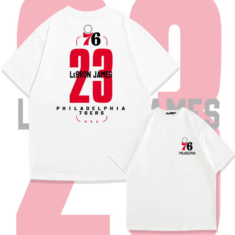 James 76ers Sports Basketball Pure Cotton Short Sleeve T-Shirt for Men, Summer Trendy Loose Fit Drop Shoulder Top