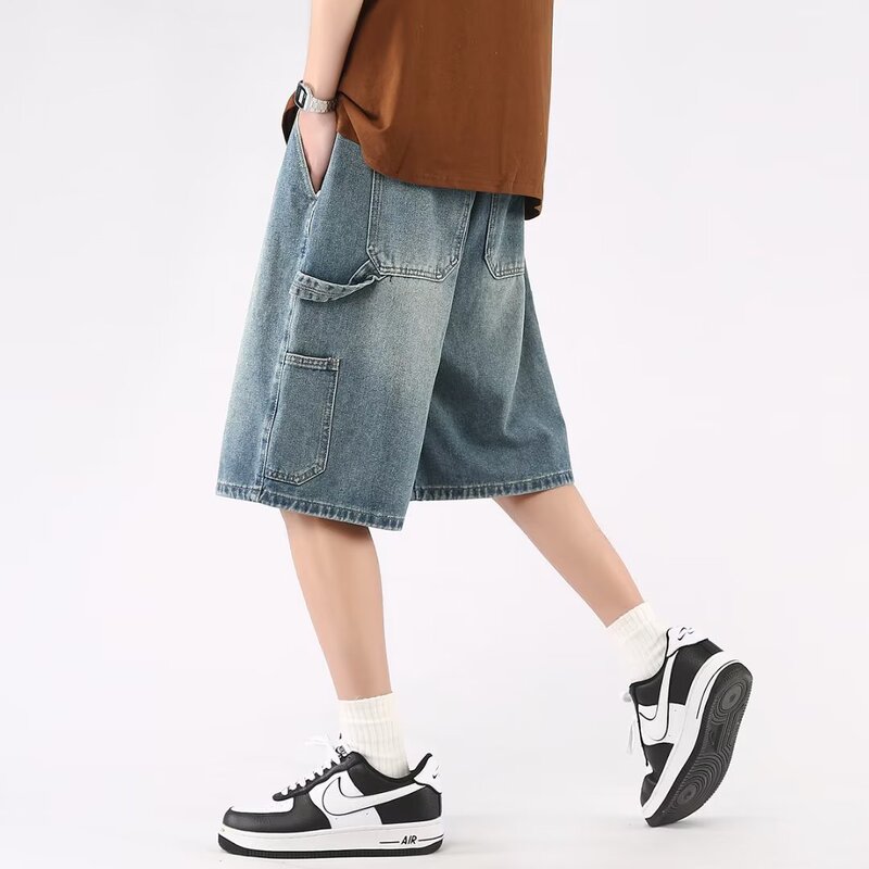 Denim shorts men's summer high street fashion brand 2024 new casual trendy cropped pants loose plus size wide leg pants
