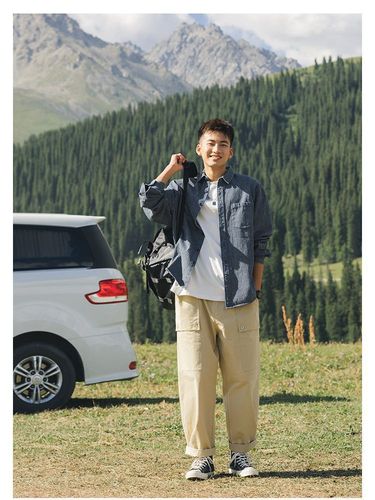 吕小虎潮牌水洗条纹牛仔长袖衬衫男日系休闲cityboy蓝色衬衣外套