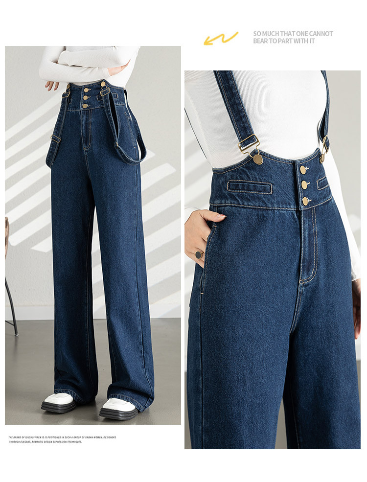 Quần yếm denim nữ dáng rộng ống rộng cạp cao ống thẳng — Màu xanh lam chi tiết 10