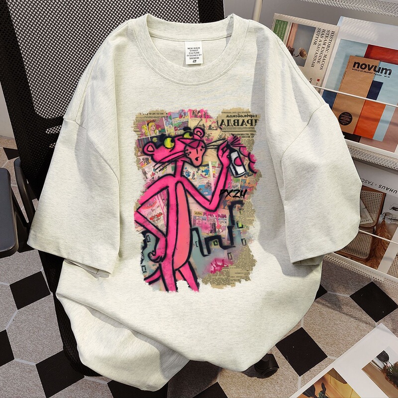 American-Style Pure Cotton Cartoon Print Short-Sleeved T-Shirt for Women 2025 Summer New Loose White and Gray Versatile Couple Tops American-Style Pure Cotton Cartoon Print Short-Sleeved T-Shirt for Women 2025 Summer New Loose White and Gray Versatile Couple Tops
