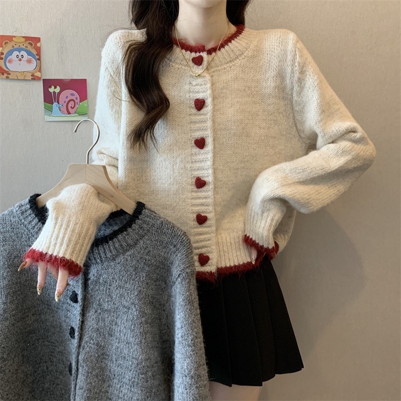 Women's Sweater Jacket 2026 Fall/Winter New Design Color Block Heart Button Knit Cardigan Short Long Sleeve Top