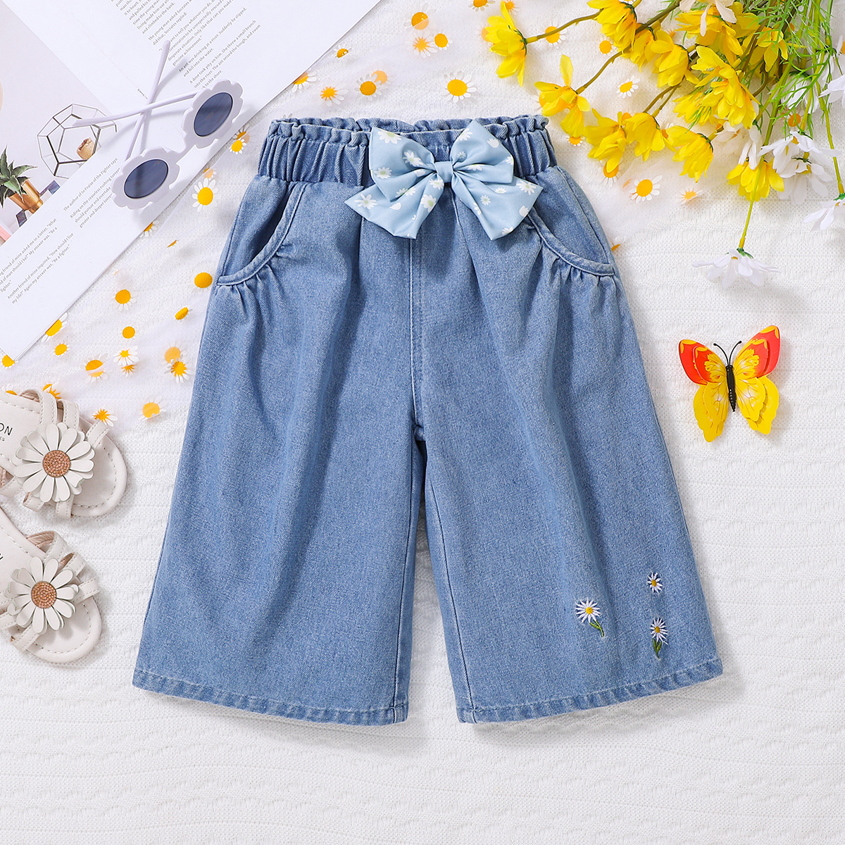 David Bella's Same Style Girls' Summer Pants Children's Denim Wide-Leg Pants Summer New Girls' Cropped Pants