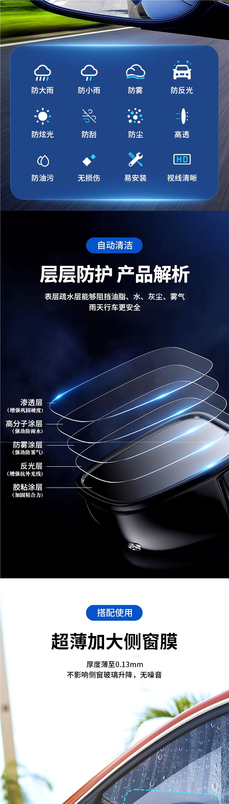 Rearview mirror rainproof film, anti-fog film for reversing mirrors, reflective car accessory, waterproof and rainproof glass for rainy days