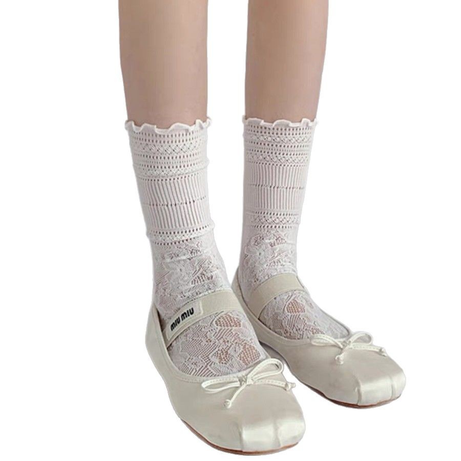 Socks Women's Summer Thin Lace Lace Socks Korean-style Sweet-style Hollow Mesh Piled Socks with Small Leather Shoes