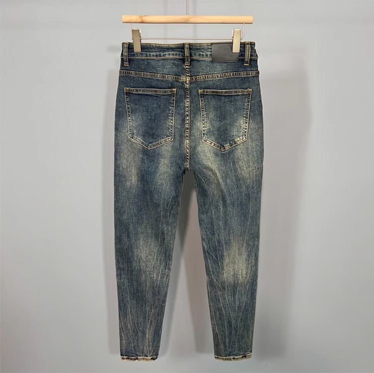 Autumn And Summer New Korean-style Handsome Small-footed Jeans, Slim-fitting, Comfortable, Elastic, Washed And Old-fashioned Nine-point Pants_viptrois.com