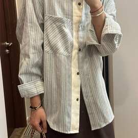 【原布加工】宽松拼接条纹长袖衬衫女秋季设计感衬衣外套早秋上衣