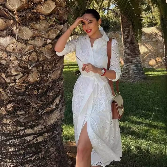 Трансграничная европейская и американская мода AliExpress: популярное платье с вышивкой, воротником-стойкой и поясом, облегающее, модное, стройнящее.