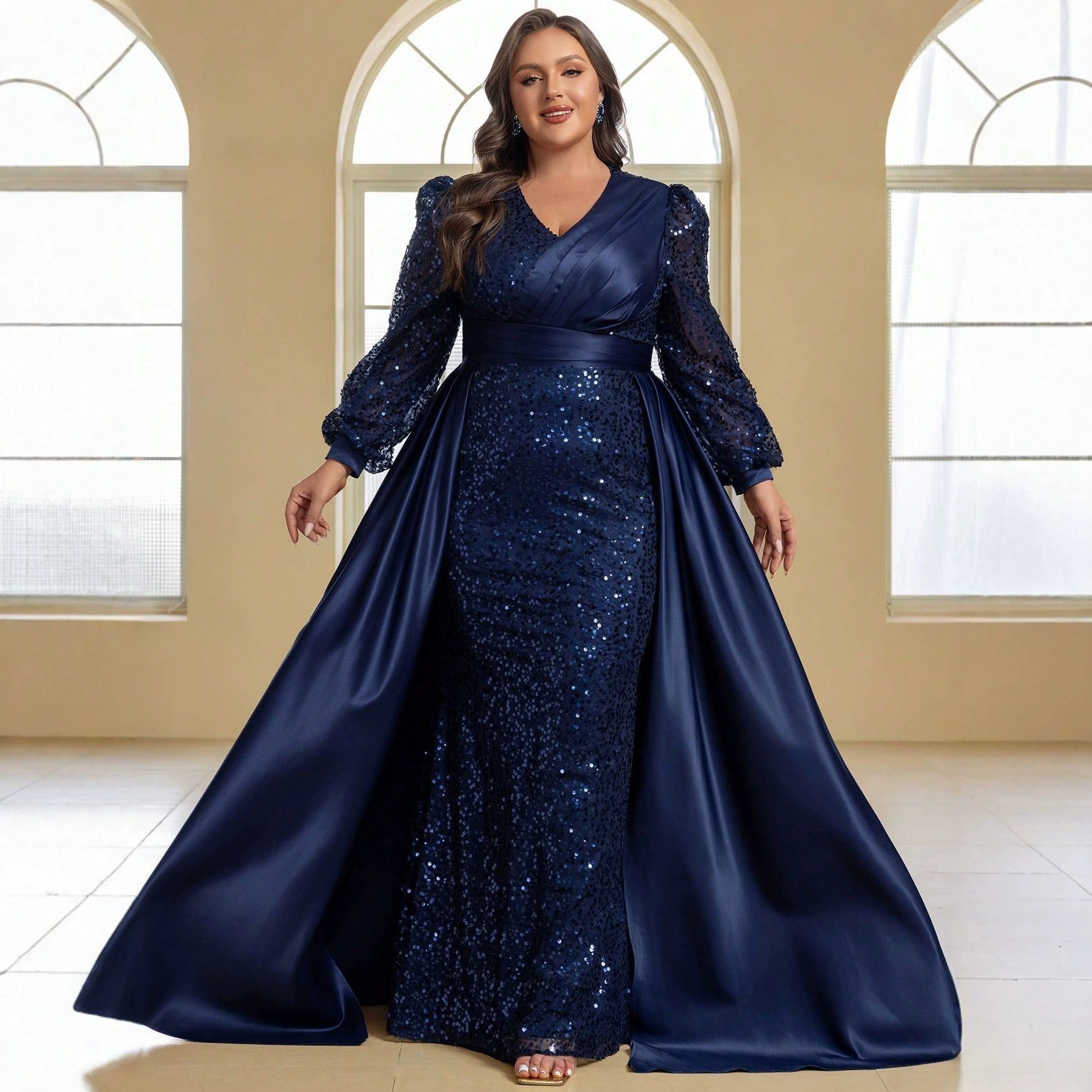 Plus Size Elegant Sequined Satin Long-Sleeve Gown Wholesale-Fkzn5153