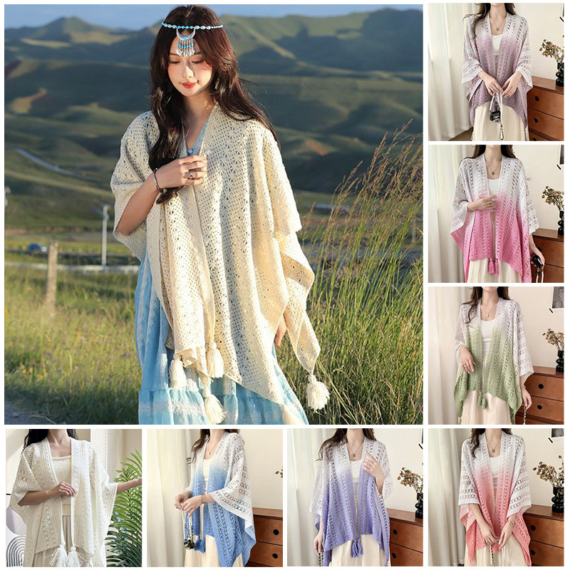Ethnic Style Shawl for Women, Summer Outerwear, White Cardigan with a High-End Feel, Knitted Hollow-Out Cheongsam Paired with a Tassel Cape