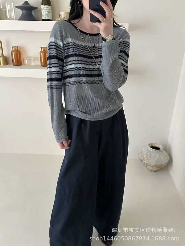 琪镌绘制早秋款圆领撞色条纹针织衫女宽松显瘦百搭气质上衣98807|undefined