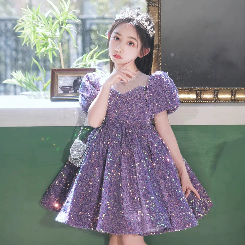Purple nail sequins, dress, children's small princess costume, light luxury style, Birthday gift, for catwalk