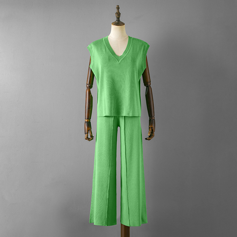 Suit Women V Neck Loose Sleeveless Knit Vest Top High Waist Loose Slimming Casual Slit Wide Leg Pants 6 Suit Women V Neck Loose Sleeveless Knit Vest Top High Waist Loose Slimming Casual Slit Wide Leg Pants
