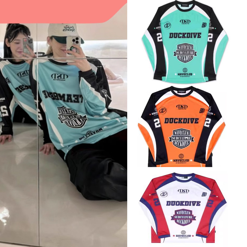 【跨境爆款】街舞薄款长袖运动休闲T恤男女美式印花复古拼色球衣