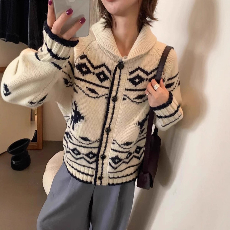 Nordic Retro Thick-Knit Sweater Coat for Women, Autumn and Winter Christmas and New Year Soft and Cozy Fair Isle Thickened Collared Knit Cardigan Nordic Retro Thick-Knit Sweater Coat for Women, Autumn and Winter Christmas and New Year Soft and Cozy Fair Isle Thickened Collared Knit Cardigan
