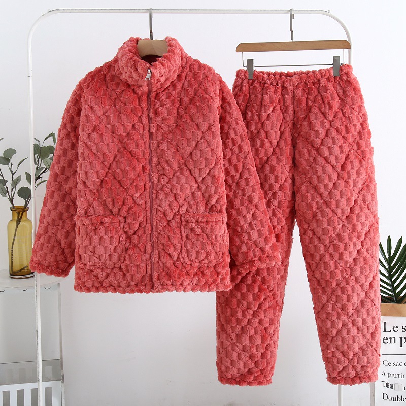 パジャマ女性冬のサンゴのベルベットの三層の厚いベルベット保温綿フランネル春秋冬の家庭服