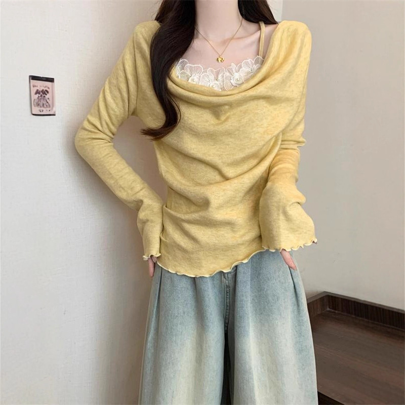 Creamy Yellow Fake Two-Piece Swing Collar Long-Sleeved T-Shirt for Women in Autum Plus Size Fat mm Slimming Look Bottoming Shirt with Unique Elegant