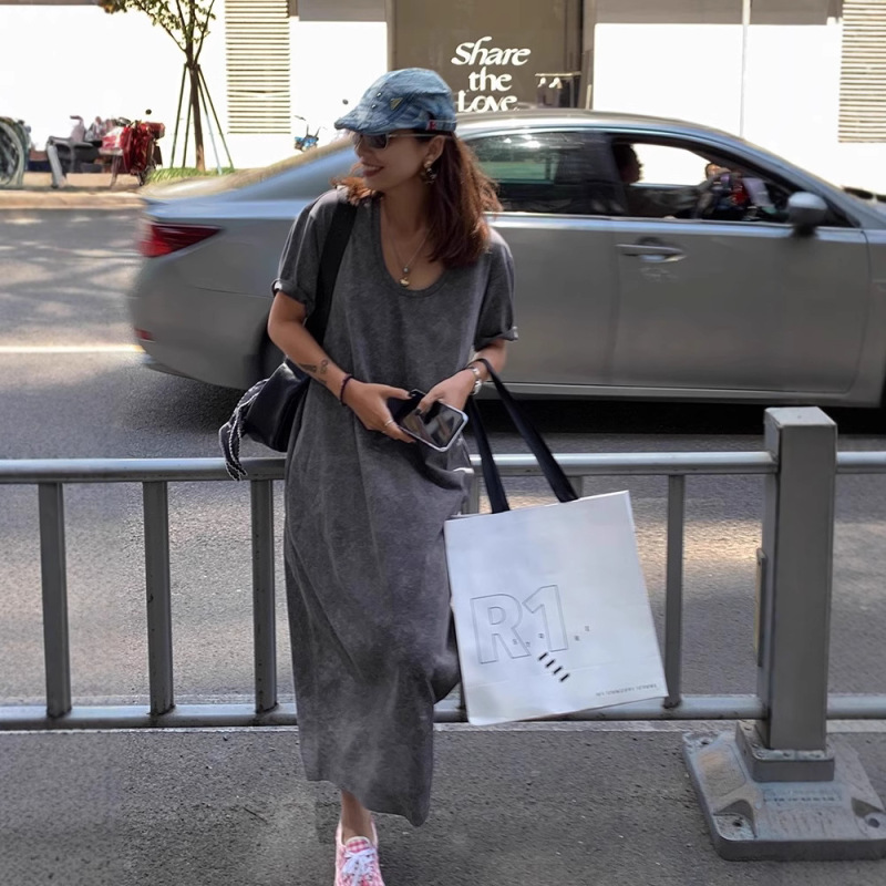53007# dress 2025 New Women's Summer Temperament chubby girl Belly Covering plus size Slim Tall T-Shirt Long Skirt