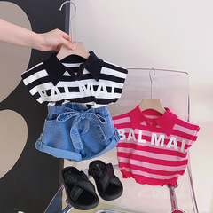 Girls suit retro top summer niche POLO collar pink striped sleeveless short T-shirt denim bud pants