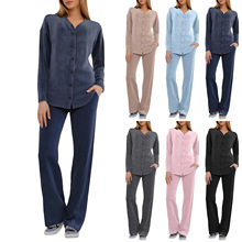 欧美新款2024秋冬时尚休闲V领长袖上衣宽松女装长裤套装两件套