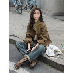 苏眠复古咖色牛仔短外套2025早秋新款小众宽松立领工装夹克上衣女