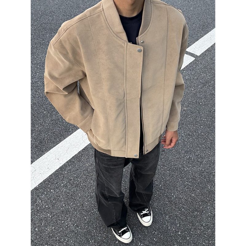 Khaki Suede Jacket Men's Autum American Stand Collar Short Baseball Uniform Cleanfit Bomber Jacket