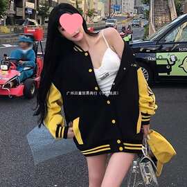 春秋季字母印花美式复古棒球服女韩版新款宽松学生夹克外套上衣服