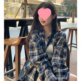 休闲长袖格子慵懒衬衫复古宽松开衫薄款衬衣夏新款防晒女上衣外套