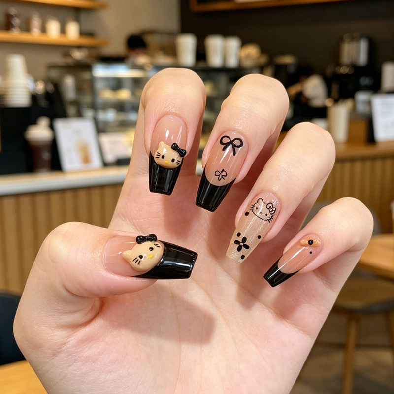Cute Cartoon Kitty Cat Nail Art Pieces Leopard Print French Bow Fake Nails 10 Pieces Handmade Wearable Nails Wholesale Cute Cartoon Kitty Cat Nail Art Pieces Leopard Print French Bow Fake Nails 10 Pieces Handmade Wearable Nails Wholesale