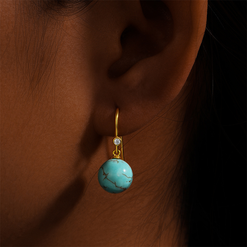 1 Paire Style Simple Géométrique Placage Incruster Argent Sterling Turquoise Zircon Boucles D'oreilles display picture 5