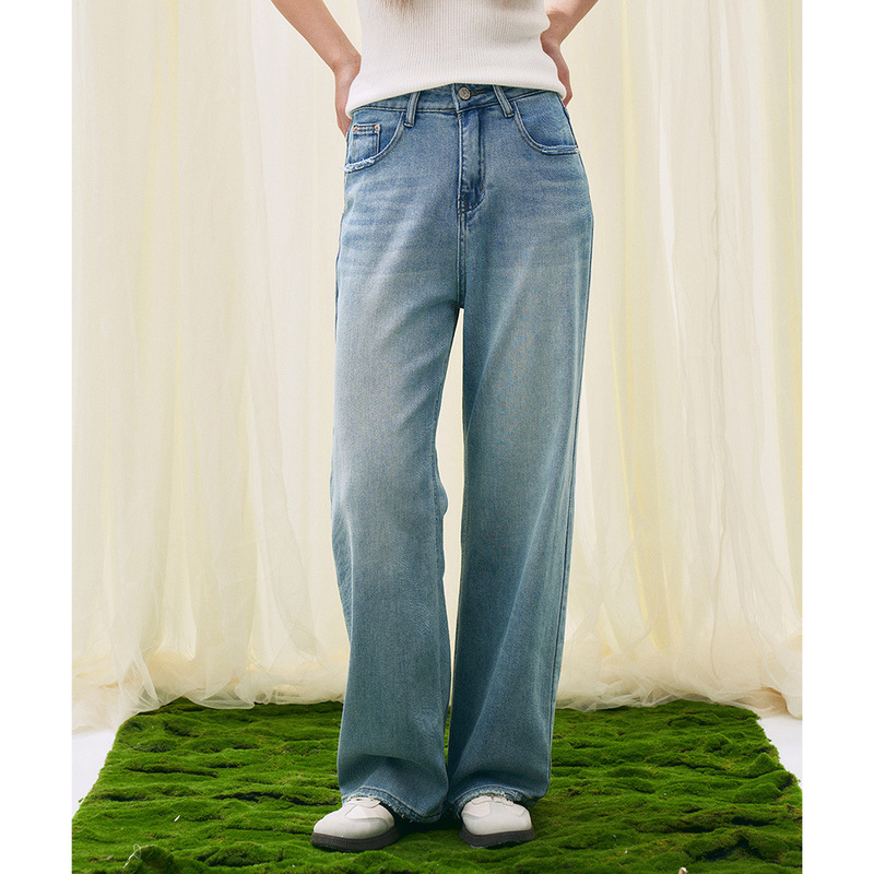 【Shengdu】26 Spring New Collection Japanese Retro Washed Cotton Casual Frayed High-Waisted Versatile Straight-Leg Long Pants Jeans