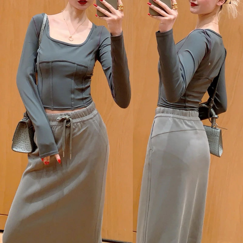 女士松紧腰长裙休闲运动半身裙秋冬lu同款健身服速干直筒裙|undefined