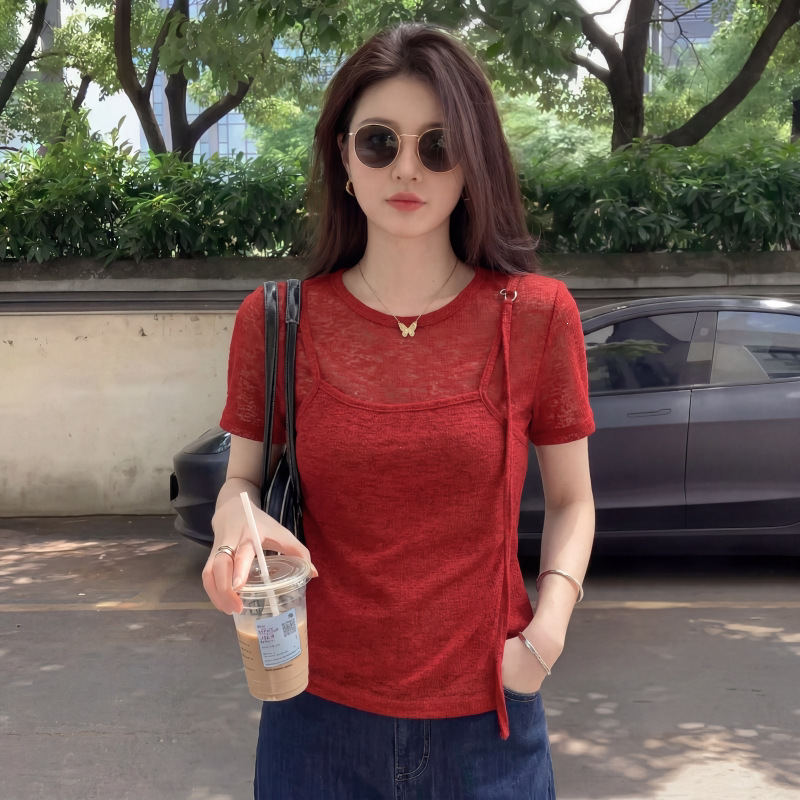 Plus-Size Faux Two-Piece Short-Sleeve Women's Top, 2026 New Summer Style, Tummy-Concealing, Slimming, Irregular Design